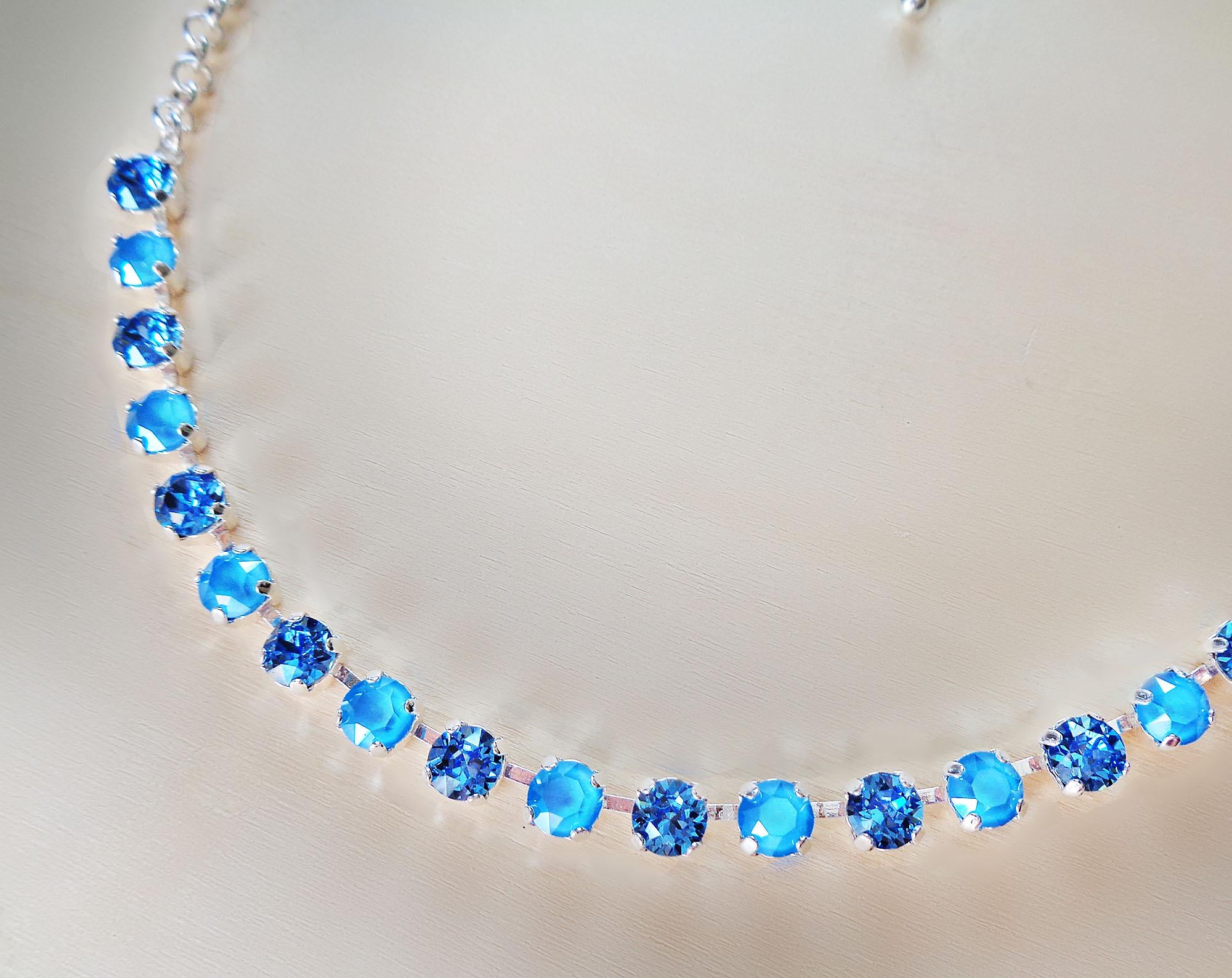 Crystal chain necklace summer blue,ice blue,silver plated