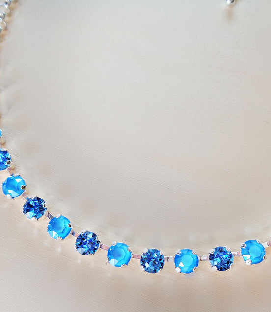 Crystal chain necklace summer blue,ice blue,silver plated