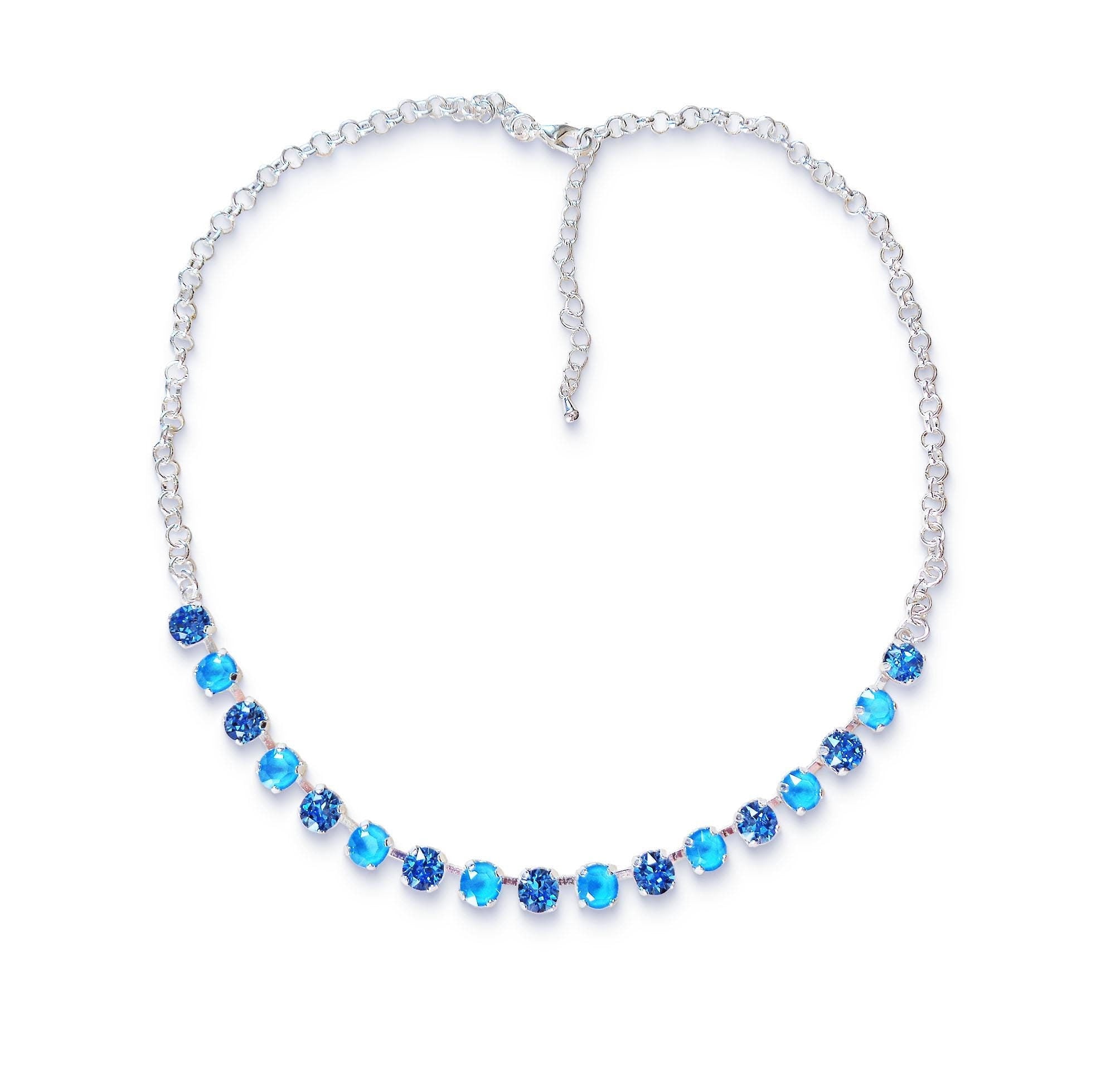 Crystal chain necklace summer blue,ice blue,silver plated