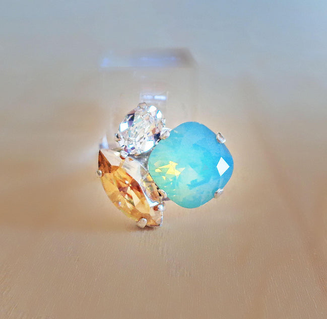 Crystal multistone ring ,pacific opal,golden shadow,silver plated
