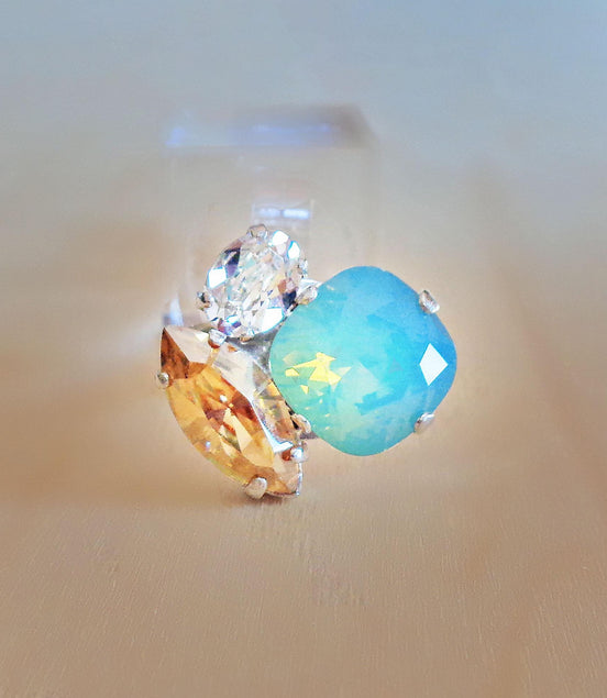 Crystal multistone ring ,pacific opal,golden shadow,silver plated