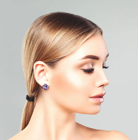 Crystal  square stud earrings tanzanite ,silver plated