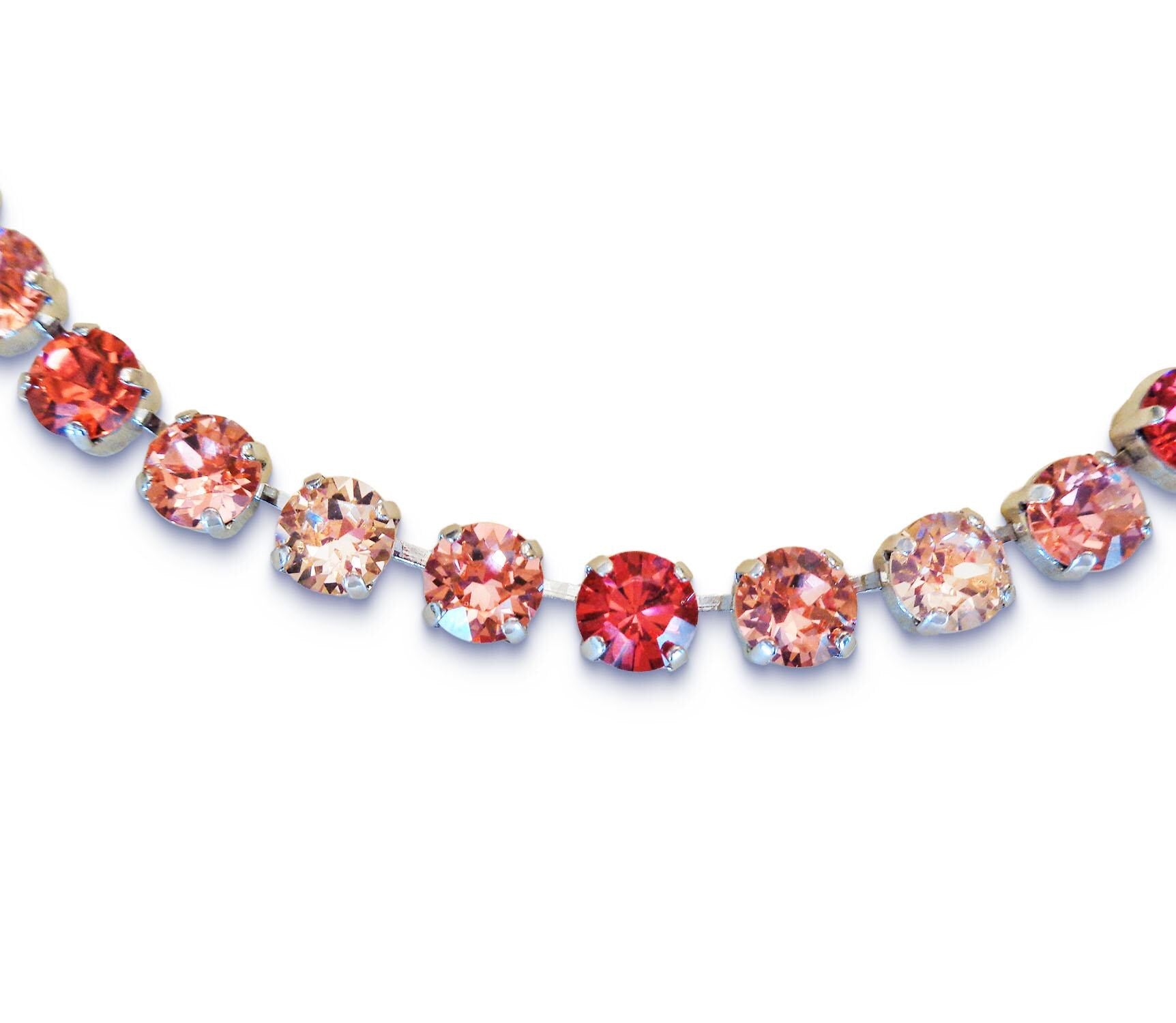 PEACH GLOW  crystal tennis necklace peach,red,rhodium silver