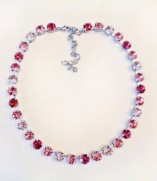 PEACH GLOW  crystal tennis necklace peach,red,rhodium silver