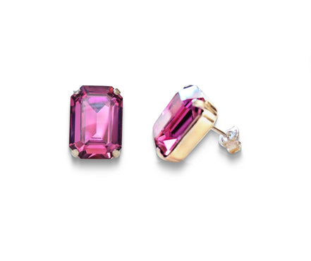 Crystal rectangular  stud  earrings  Dark rose, rhodium silver