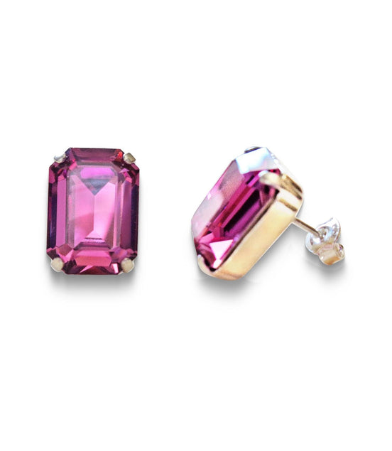 Crystal rectangular  stud  earrings  Dark rose, rhodium silver