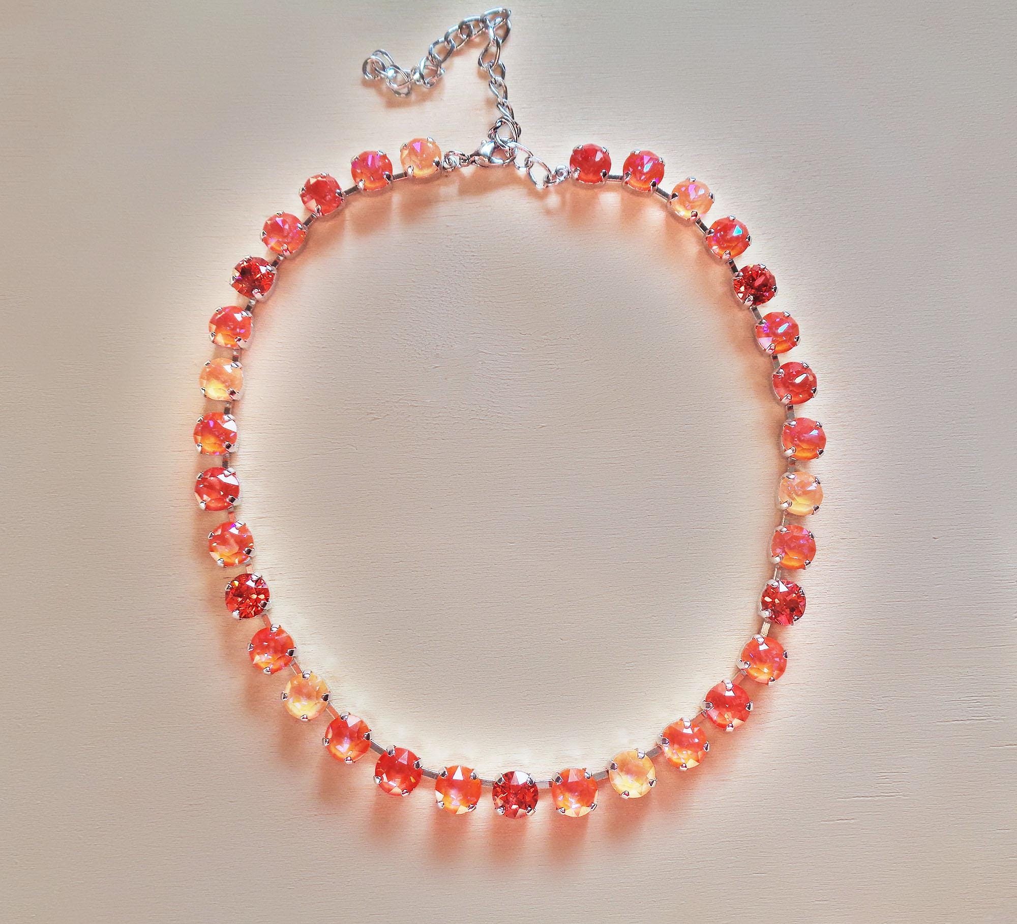 PEACH SPLASH crystal tennis necklace,peach de lite,orange glow,rhodium silver