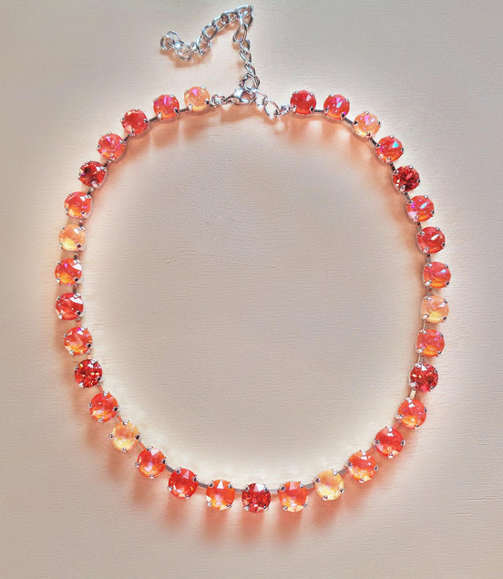 PEACH SPLASH crystal tennis necklace,peach de lite,orange glow,rhodium silver