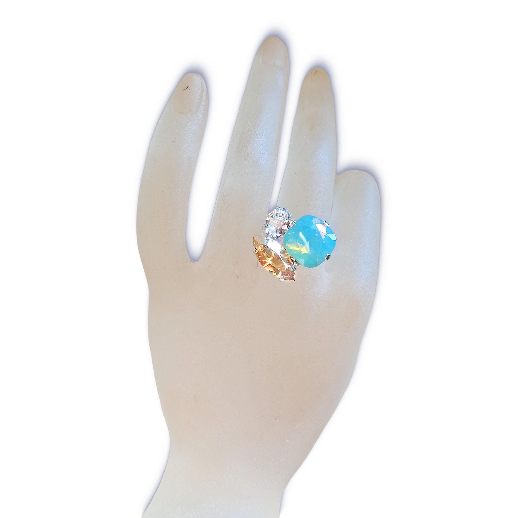 Crystal multistone ring ,pacific opal,golden shadow,silver plated