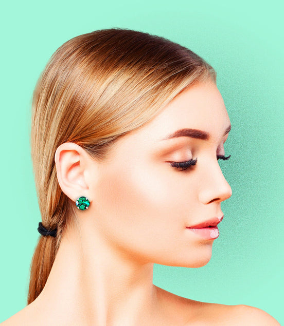 Crystal  square stud earrings majestic green  ,silver plated