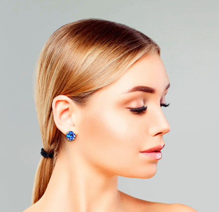 Swarovski Kristall 10mm quadratische Ohrstecker mit ausgefallenem Stein Saphir, versilbert