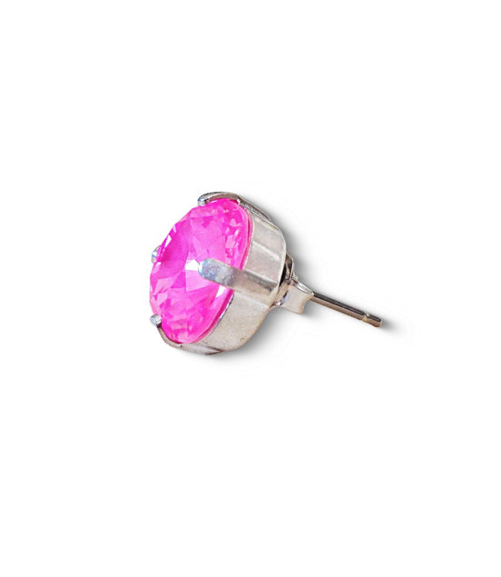 Crystal  square stud earrings electric pink ,silver plated