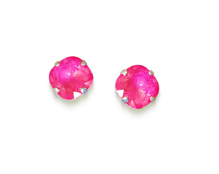 Crystal  square stud earrings electric pink ,silver plated