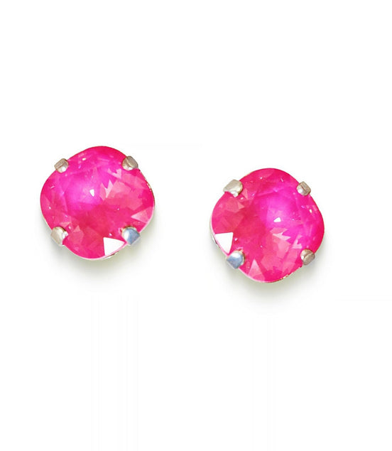 Crystal  square stud earrings electric pink ,silver plated
