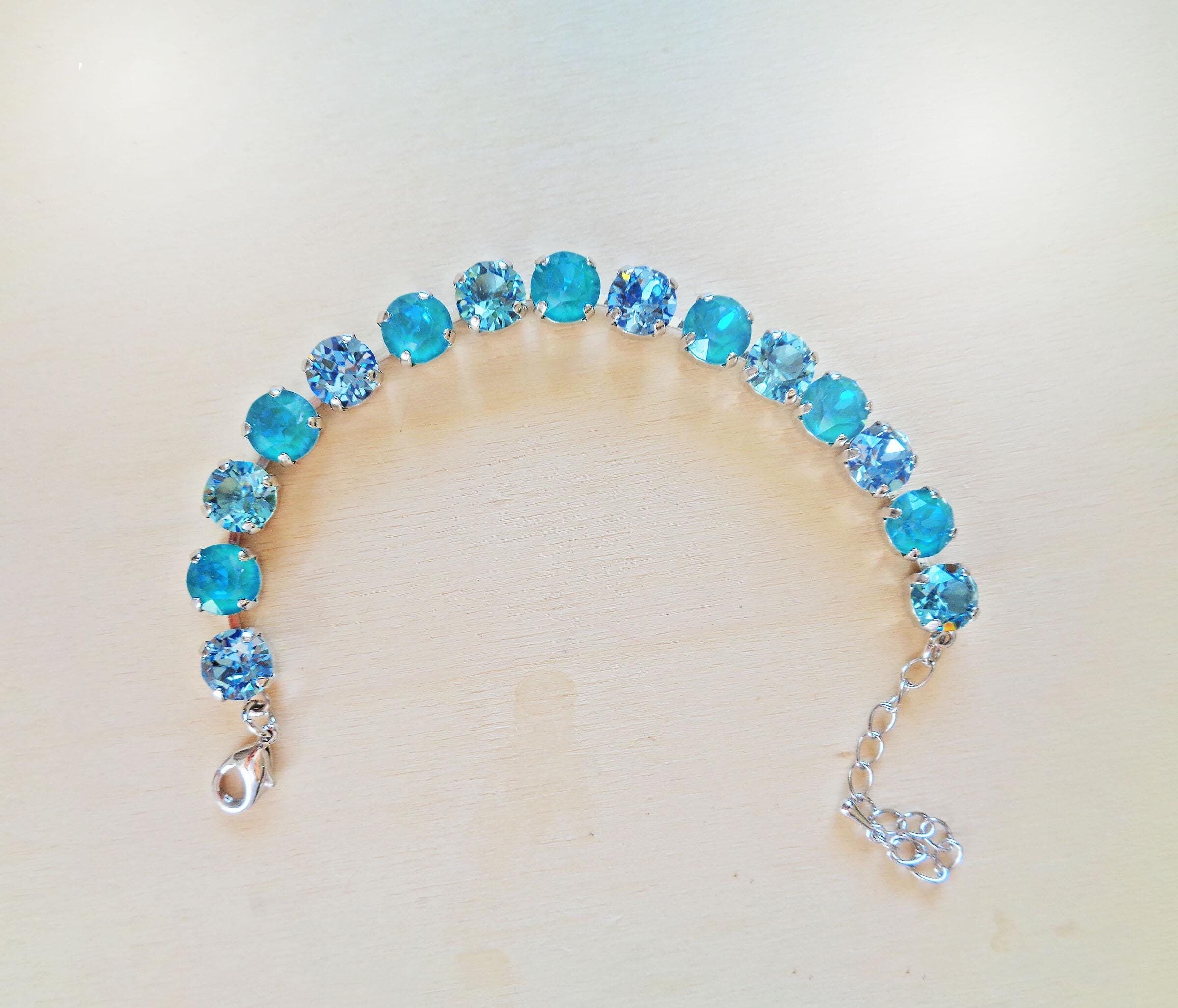 Austrian crystal tennis bracelet light turquoise,laguna delite,rhodium silver