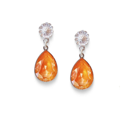 Crystal pear drop earrings,soft orange,silver plated