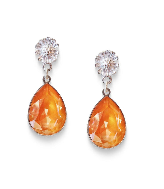 Crystal pear drop earrings,soft orange,silver plated