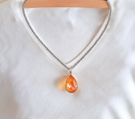 Crystal pear drop  pendant necklace,orange,stainless steel