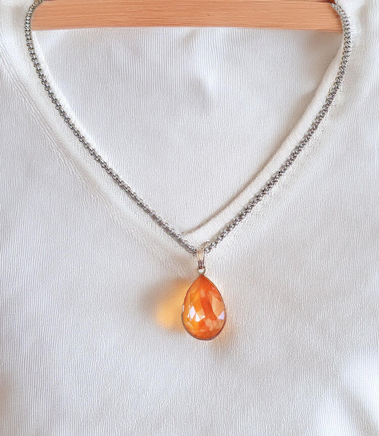 Crystal pear drop  pendant necklace,orange,stainless steel