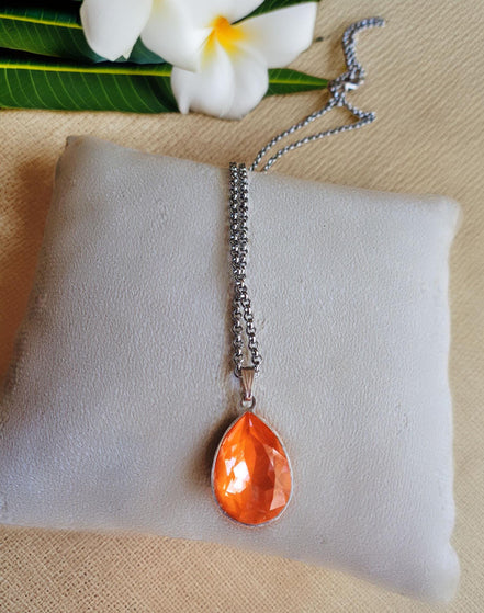 Crystal pear drop  pendant necklace,orange,stainless steel