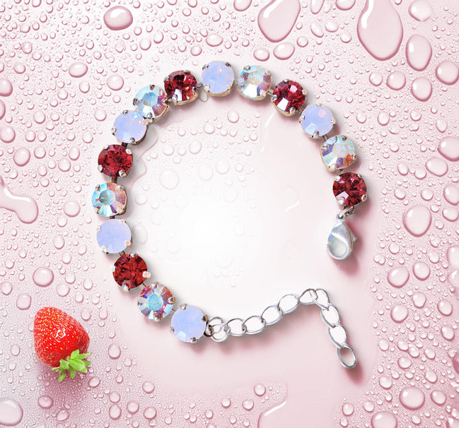 ICED STAWBERRIES tennis  bracelet pink,clear,rhodium silver