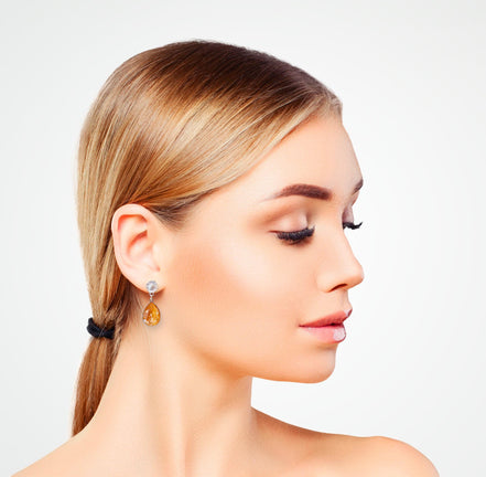 Crystal pear drop earrings,soft orange,silver plated
