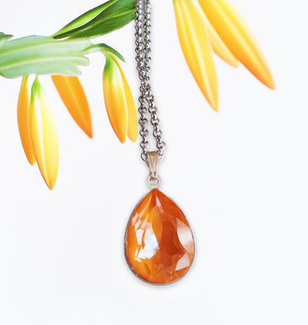 Crystal pear drop  pendant necklace,orange,stainless steel