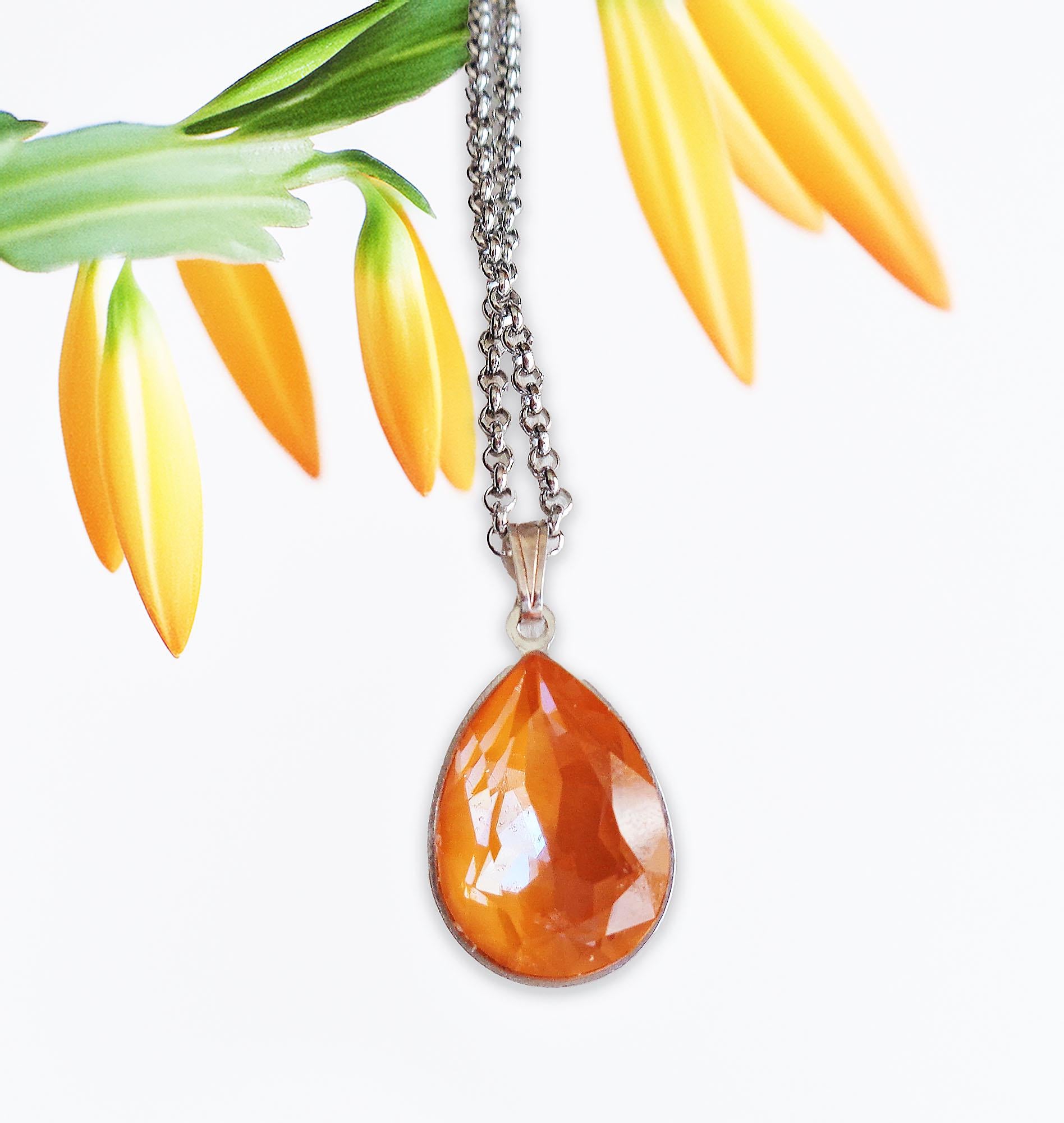 Crystal pear drop  pendant necklace,orange,stainless steel