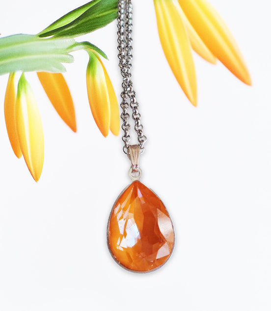 Crystal pear drop  pendant necklace,orange,stainless steel