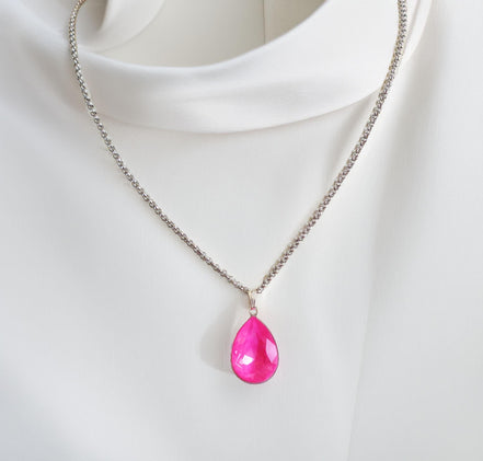 Crystal pear drop  pendant necklace,electric pink