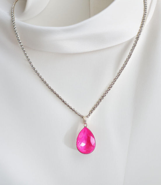Crystal pear drop  pendant necklace,electric pink
