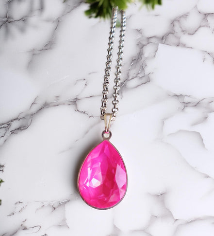 Crystal pear drop  pendant necklace,electric pink