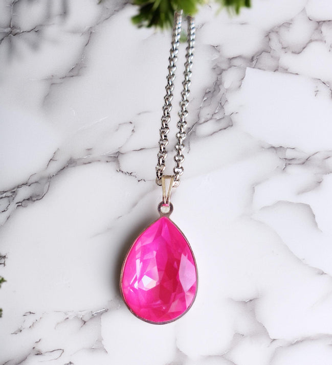 Crystal pear drop  pendant necklace,electric pink