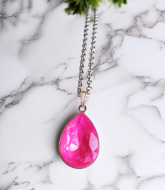 Crystal pear drop  pendant necklace,electric pink