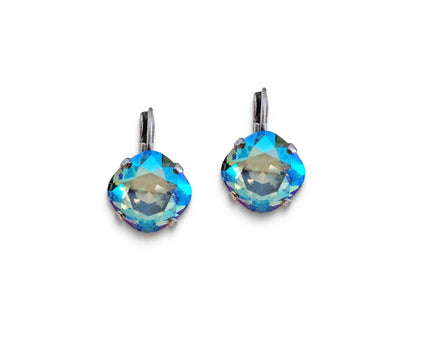 Crystal  square drop earrings  erinite green shimmer,antique silver