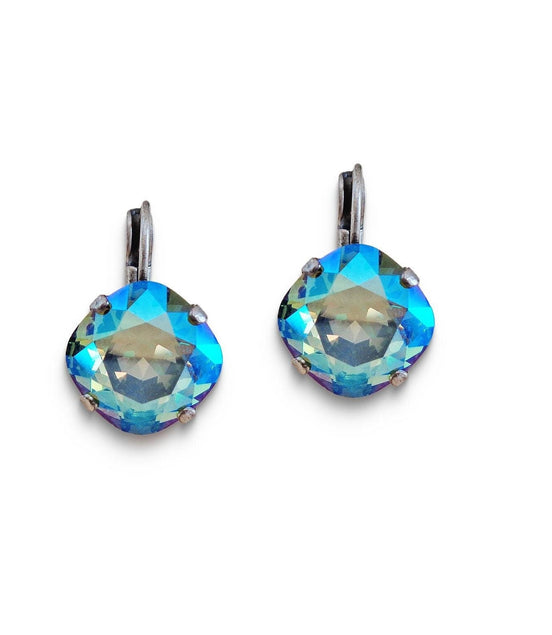 Crystal  square drop earrings  erinite green shimmer,antique silver