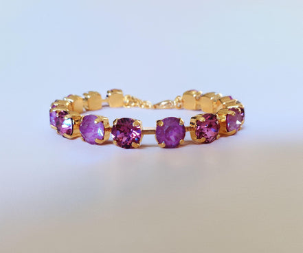 WINTER ORCHIDS Austrian crystal tennis bracelet cool dark pink tones,yellow gold