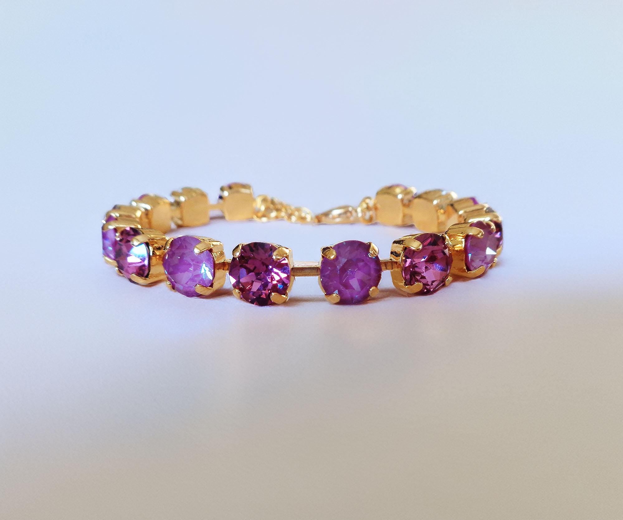 WINTER ORCHIDS Austrian crystal tennis bracelet cool dark pink tones,yellow gold