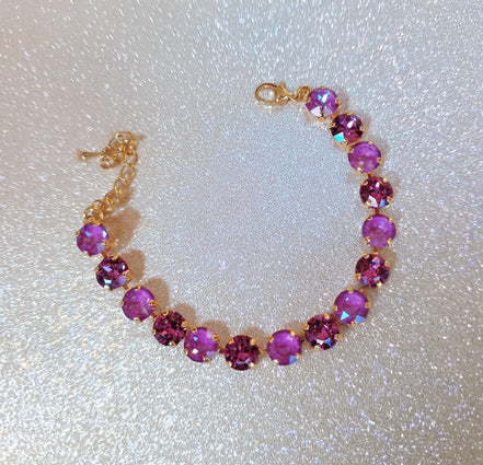 WINTER ORCHIDS Austrian crystal tennis bracelet cool dark pink tones,yellow gold
