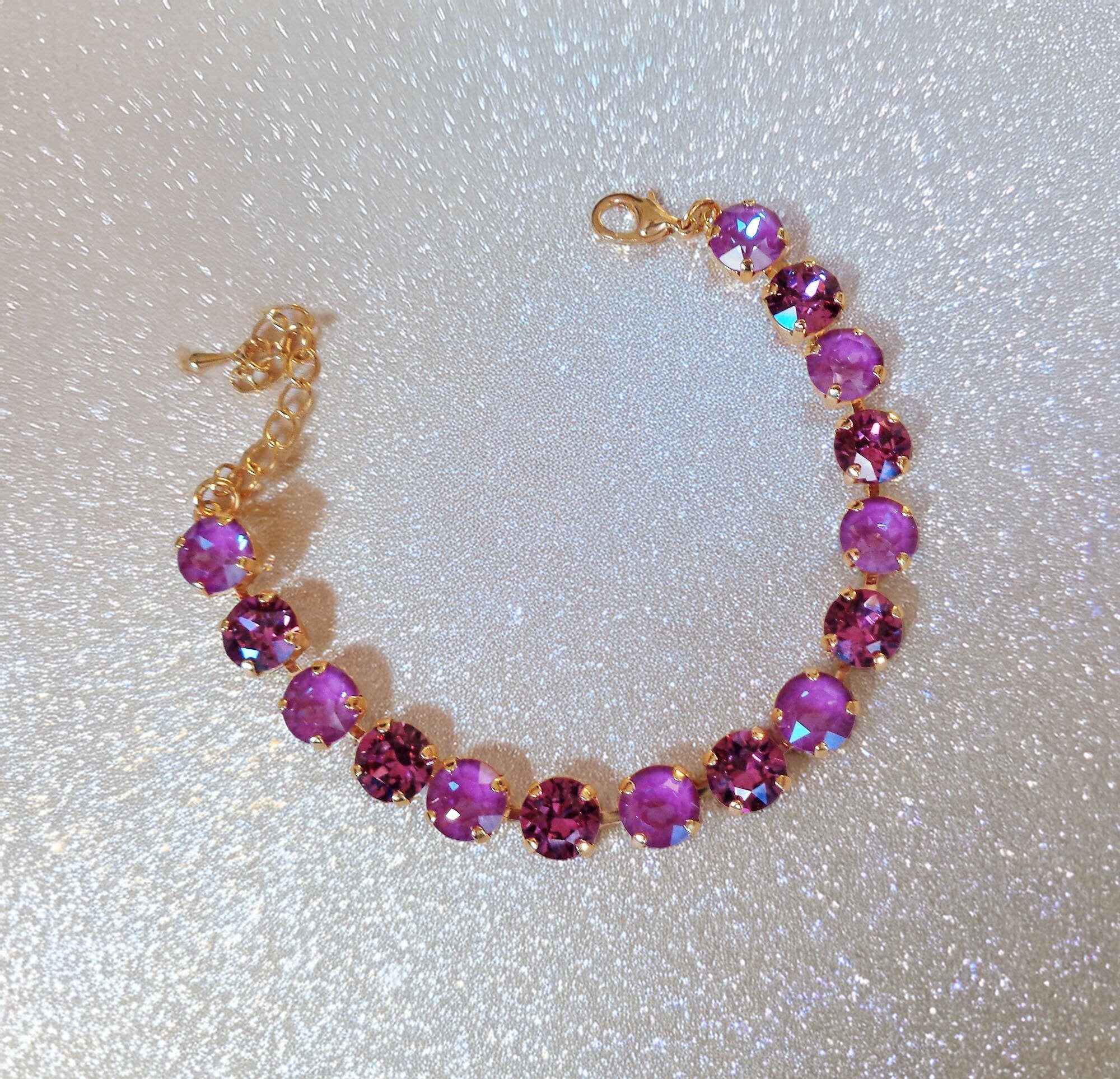 WINTER ORCHIDS Austrian crystal tennis bracelet cool dark pink tones,yellow gold