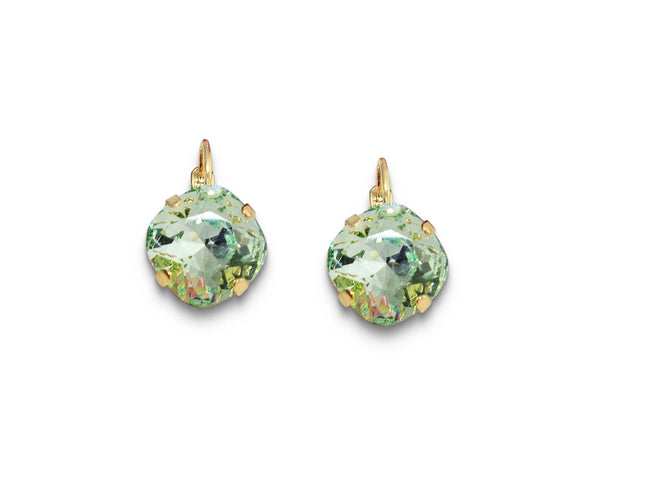 Swarovski Kristall 12 mm quadratische Ohrringe mit ausgefallenem Stein, grüner Chrysolith, vergoldet