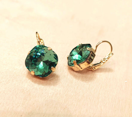 Crystal square drop earrings erinite green,goldplated