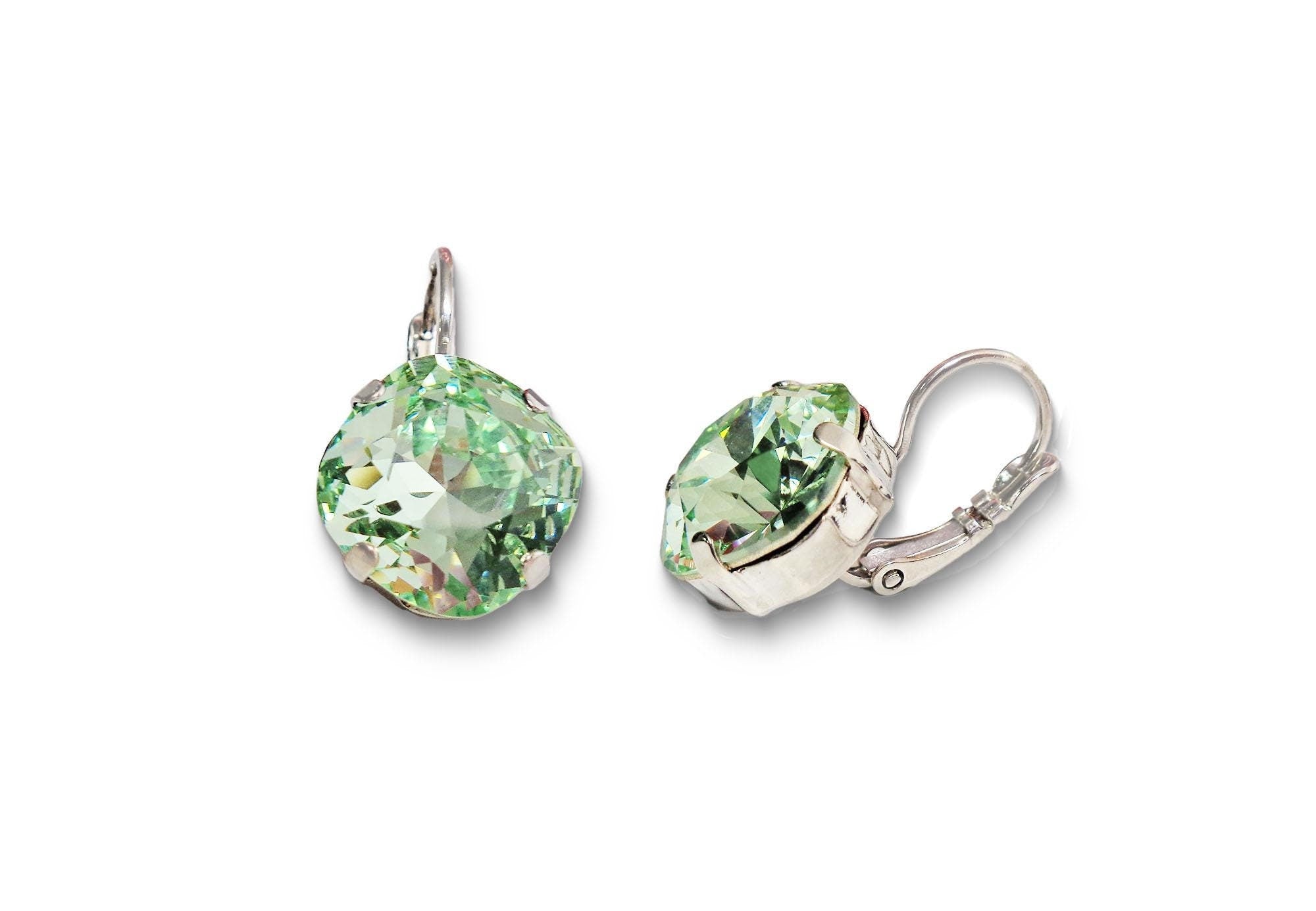 Crystal  square drop earrings chrysolite ,rhodium silver