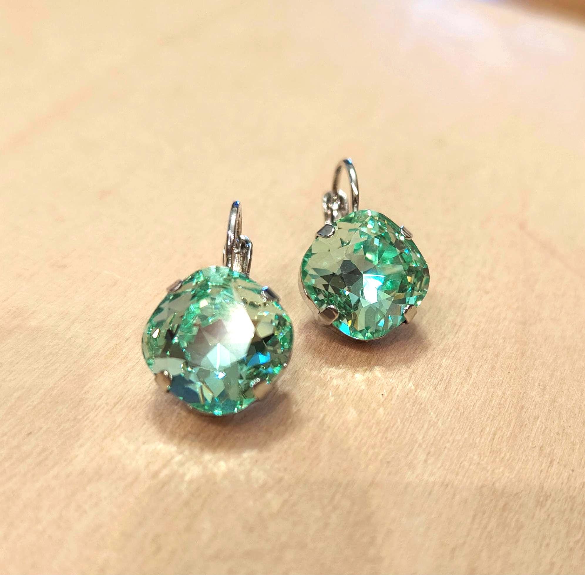 Crystal  square drop earrings chrysolite ,rhodium silver