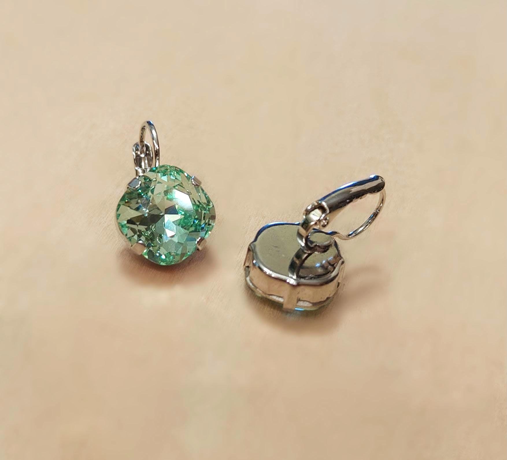 Crystal  square drop earrings chrysolite ,rhodium silver