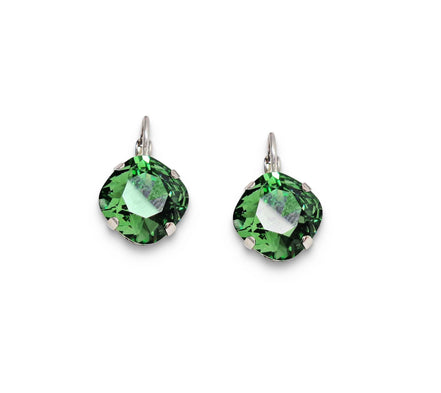 Crystal square drop earrings green,rhodium silver