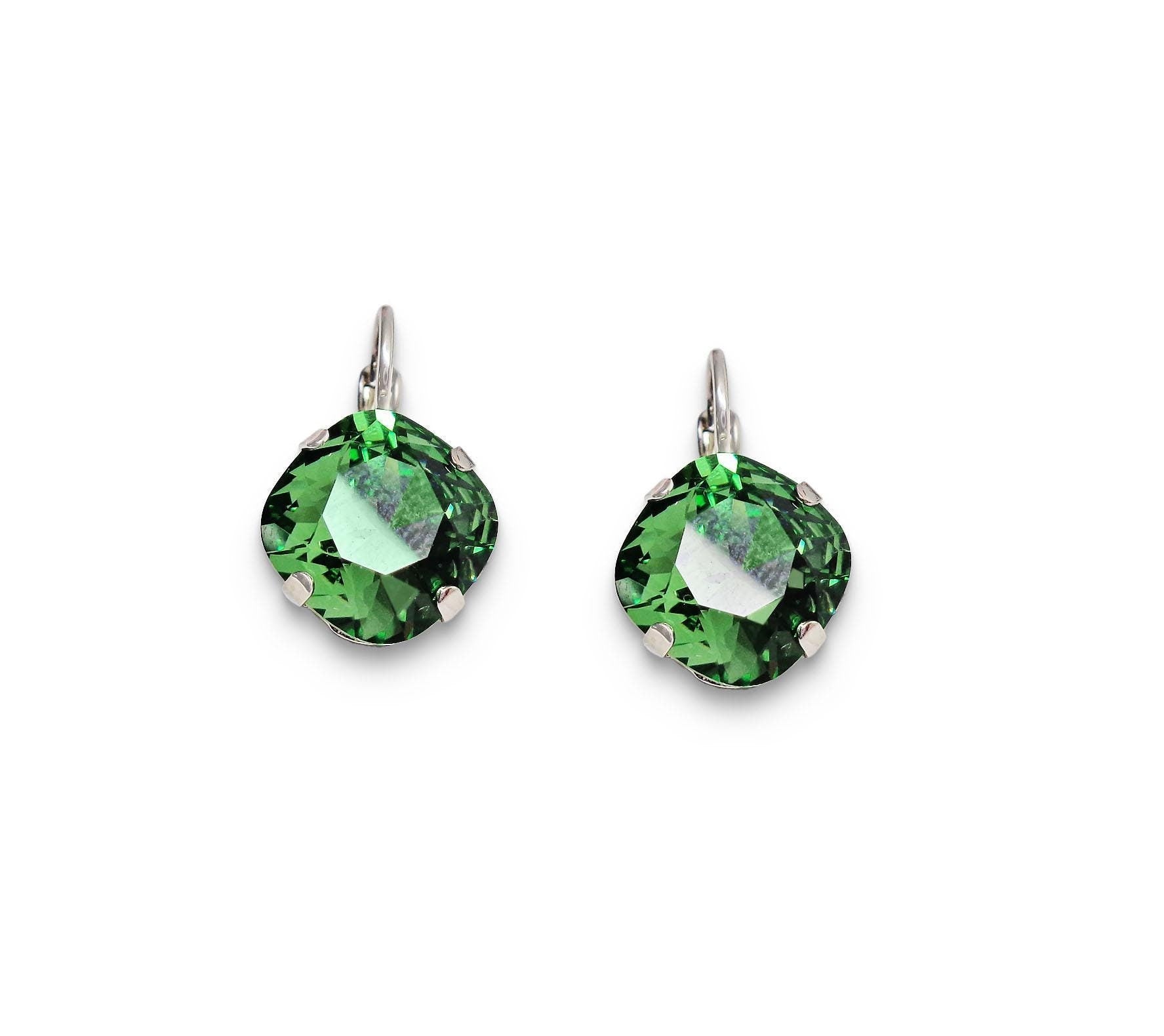 Crystal square drop earrings green,rhodium silver