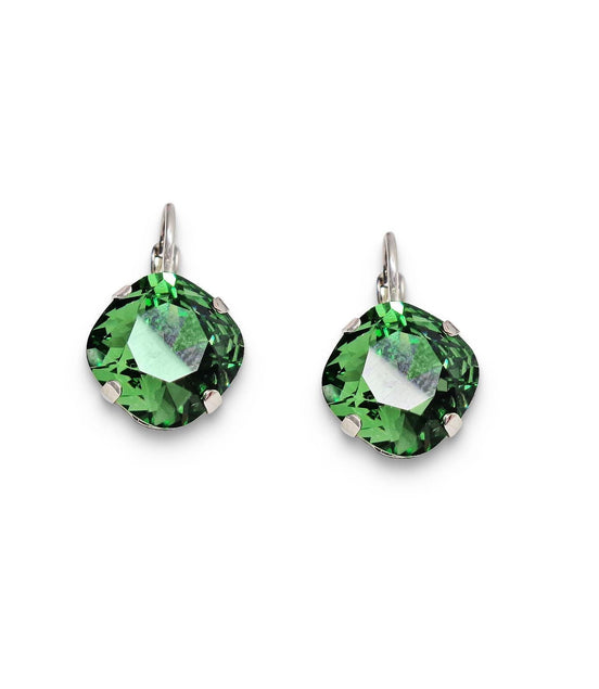 Crystal square drop earrings green,rhodium silver