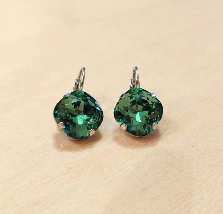 Crystal square drop earrings green,rhodium silver