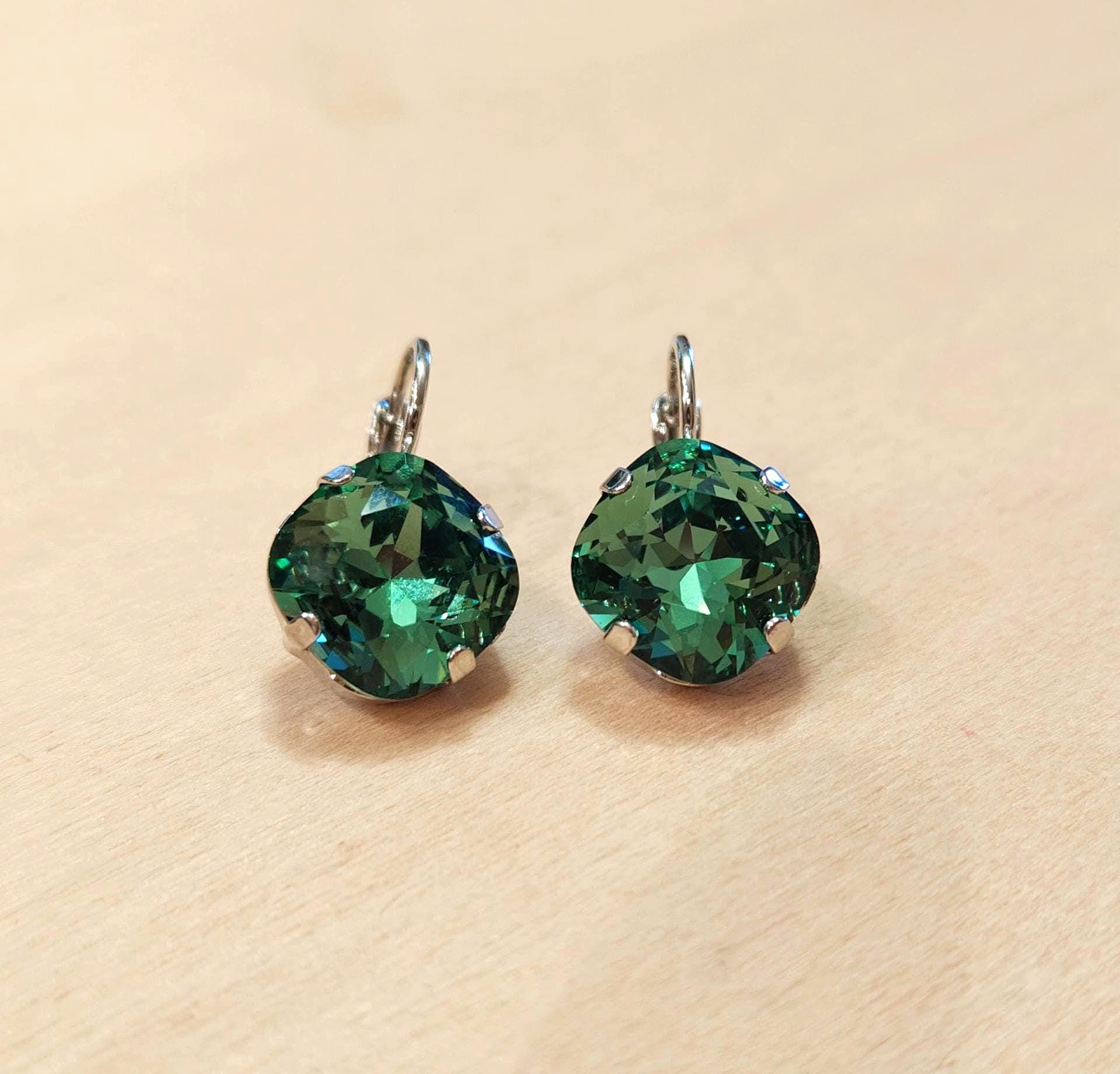 Crystal square drop earrings green,rhodium silver